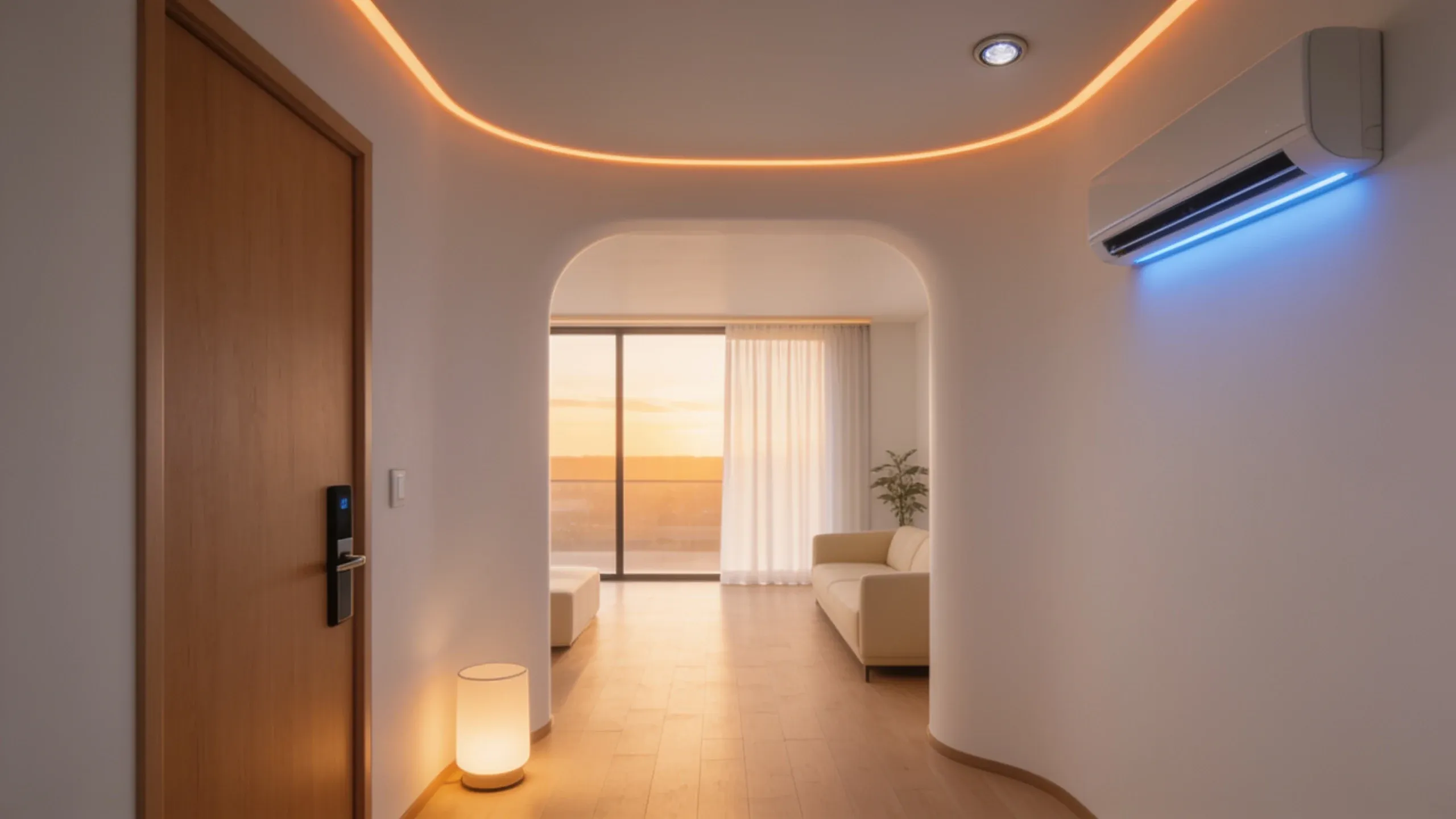 Corredor e sala ao entardecer, com luz embutida quente no teto, cortina meio fechada, ar-condicionado na parede e fechadura eletrônica na porta de madeira
