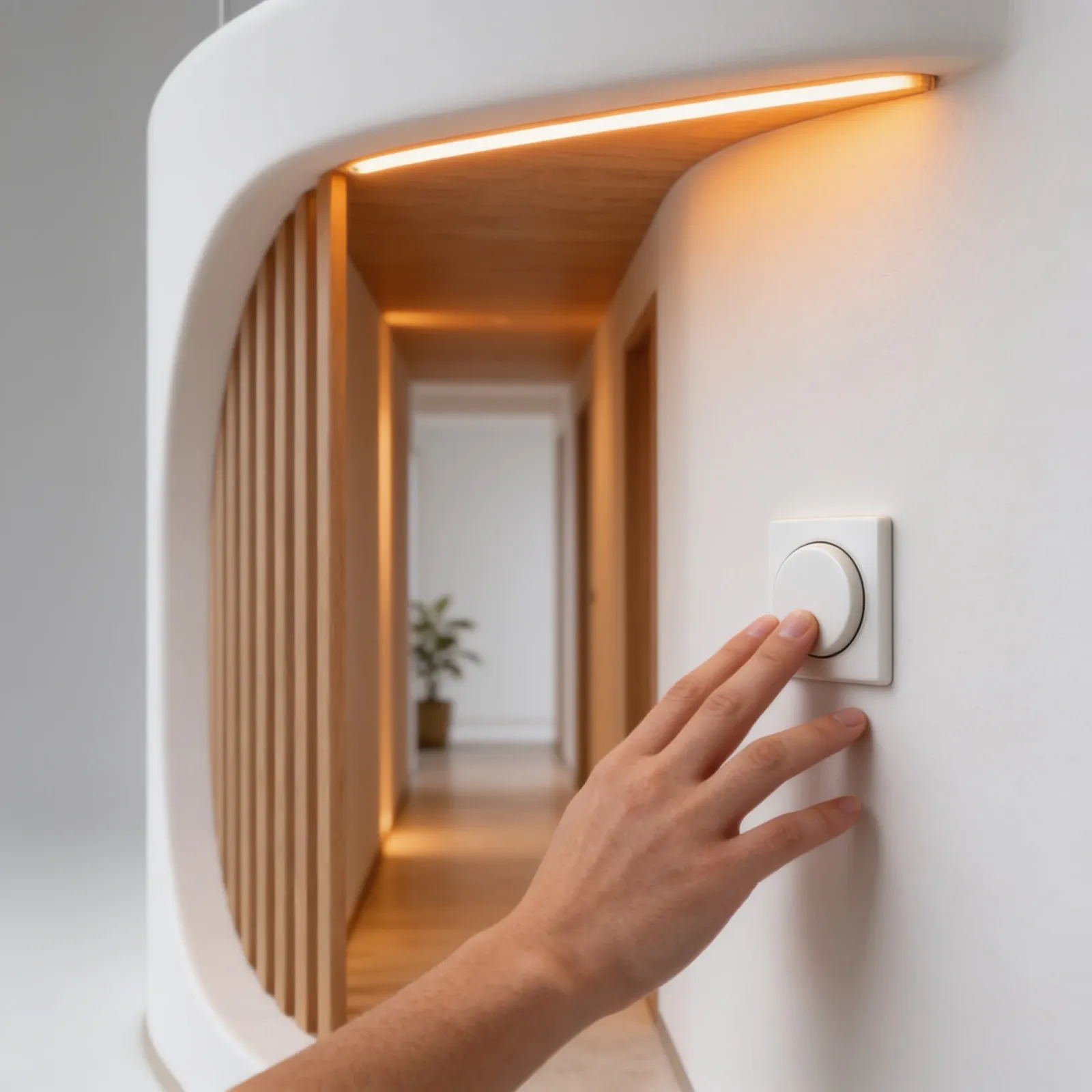 Mão acionando um interruptor de parede em um corredor com luz quente