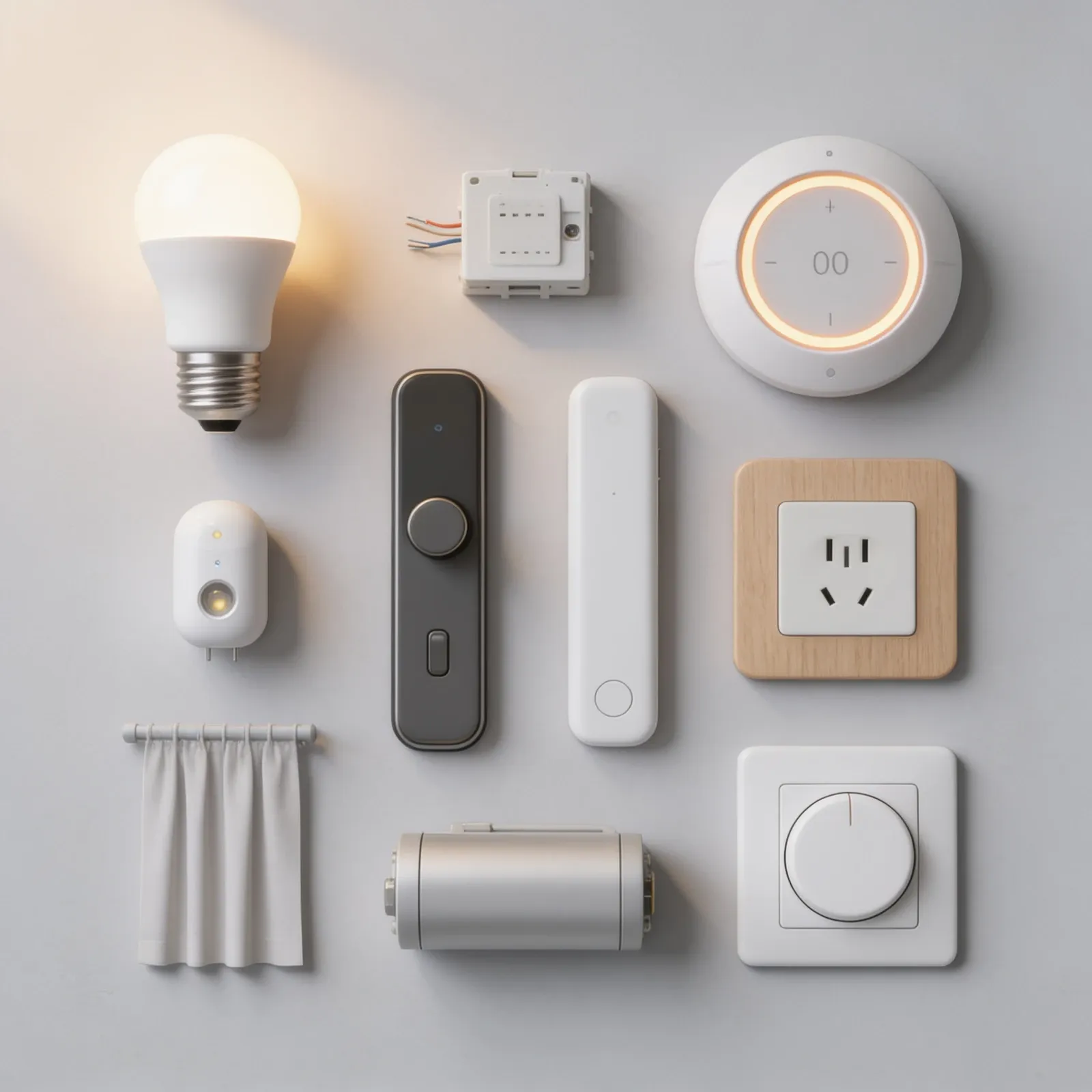 Lâmpada, módulo, termostato, fechadura, sensor, tomada, motor de cortina e interruptor lado a lado