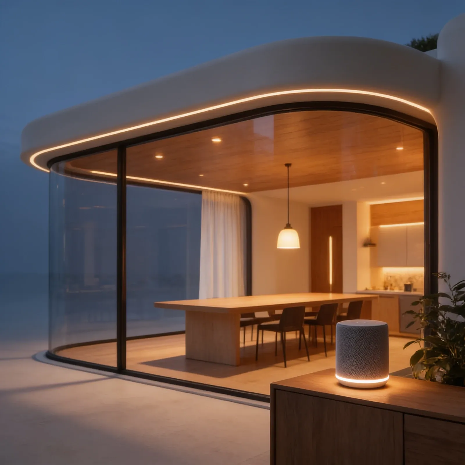 Sala de jantar ao anoitecer com luz baixa e uma caixa de som na bancada