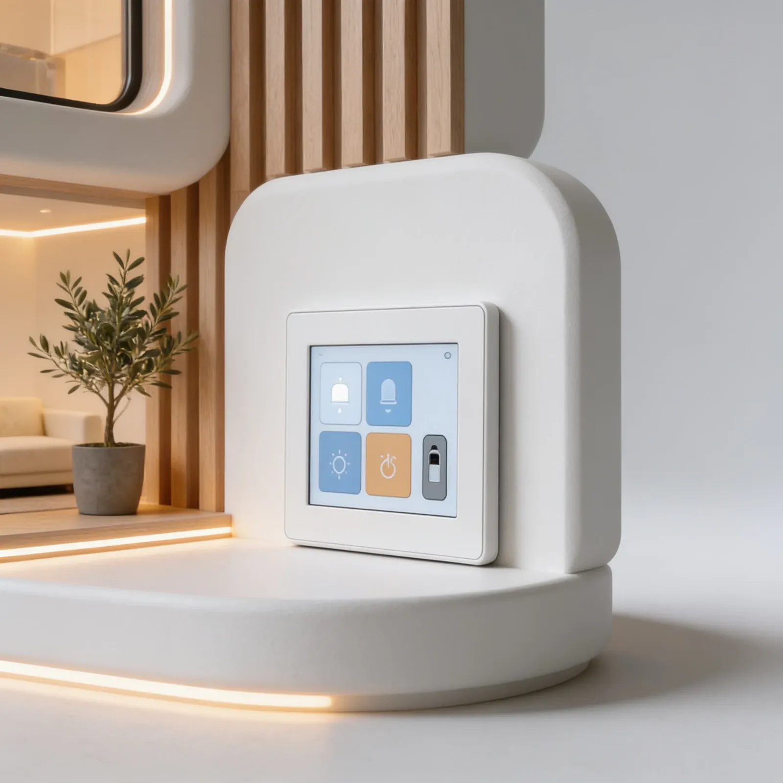 Painel de parede com os controles da casa, ao lado de réguas de madeira e uma oliveira