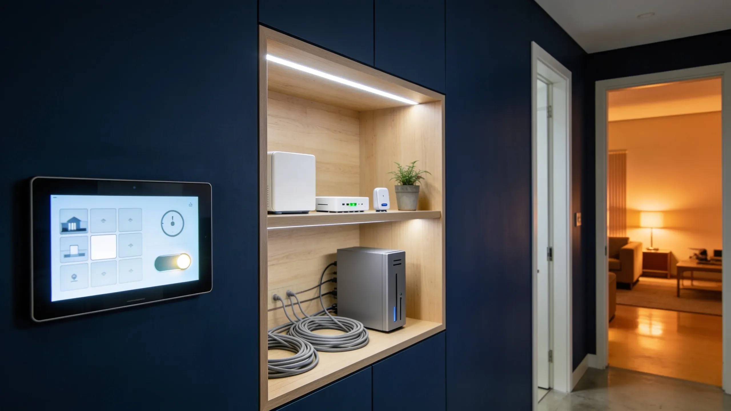 Corredor com parede azul escura: um painel de parede com o controle da casa, um nicho de madeira iluminado com o servidor local, o switch de rede e os cabos organizados, e ao fundo a sala com luz quente